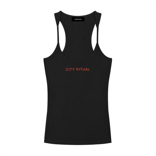 LOHÉ NOU City Ritual Ribbed Racerback Tank in black, front view with red CITY RITUAL print