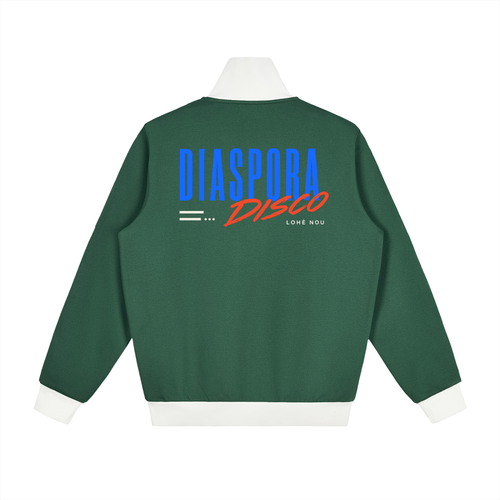 LOHÉ NOU Diaspora Disco Track Jacket in deep green, back view with DIASPORA DISCO print