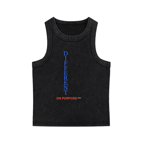 LOHÉ NOU Different on Purpose Snow-Washed Tank in black, front view with blue and red print