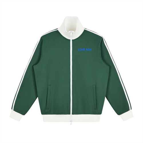 LOHÉ NOU Diaspora Disco Track Jacket in deep green, front view with ivory side stripes and chest wordmark